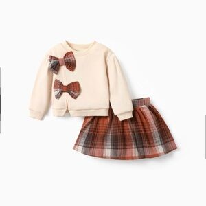 2-piece Toddler Girl Bowknot Design Sweatshirt and Plaid Skirt Set Apricot